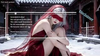 Eine klassische chinesische Schönheit mit schneeweißer Haut, in Rot gekleidet und mit weißem Haar. Blowjob, Samenerguss, erste Folge, KI-generiert