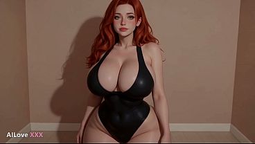 Geile rothaarige MILF mit riesigen Titten wird von einem Liebhaber mit großem Schwanz in jedes Loch gefickt [KI 3D]